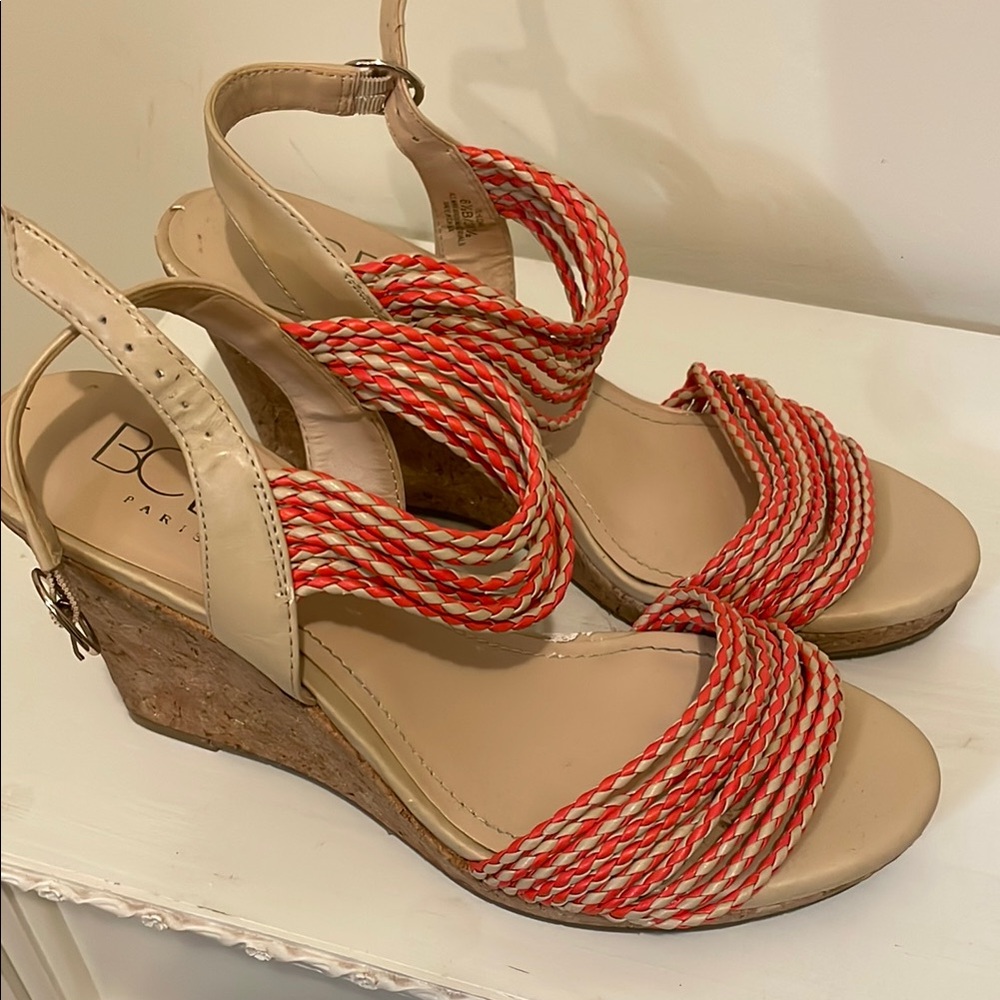 BCBGeneration Red and Tan Wedge Shoes with Stylish Straps